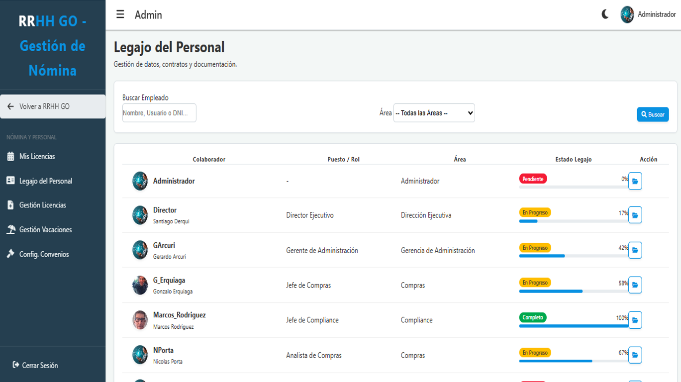 Interfaz de Gestión de Nómina en RRHH GO
